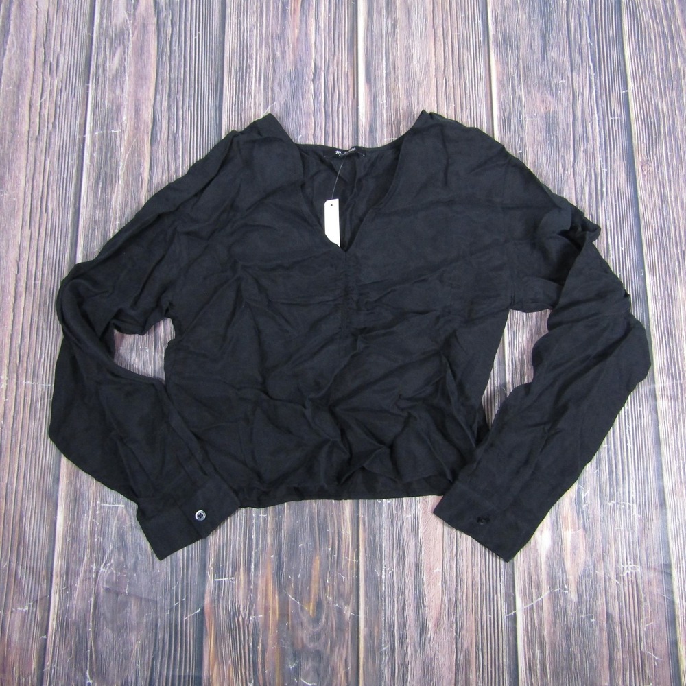 Madewell Shirt Womens 2 Black V-Neck Long Sleeve Cropped Cupro Blend Top NN960